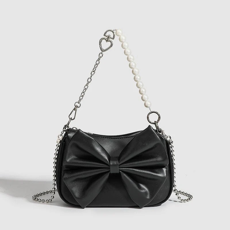 Black White PU Bow Handbags Autumn Winter Ladies Underarm