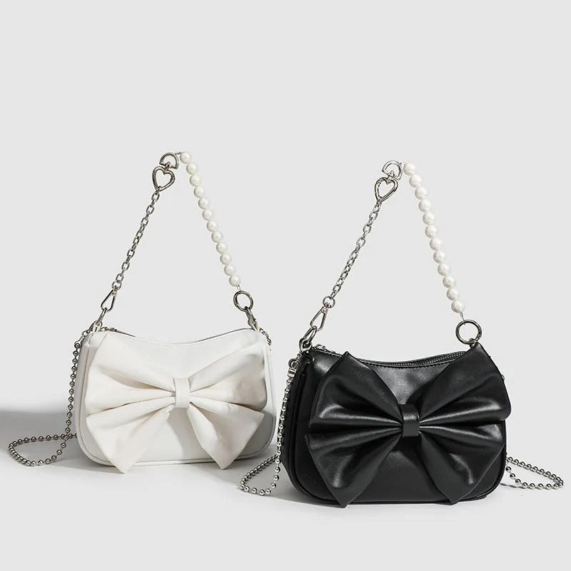 Black White PU Bow Handbags Autumn Winter Ladies Underarm