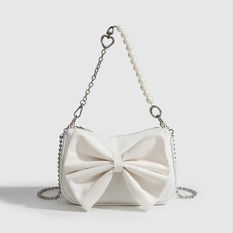 Black White PU Bow Handbags Autumn Winter Ladies Underarm