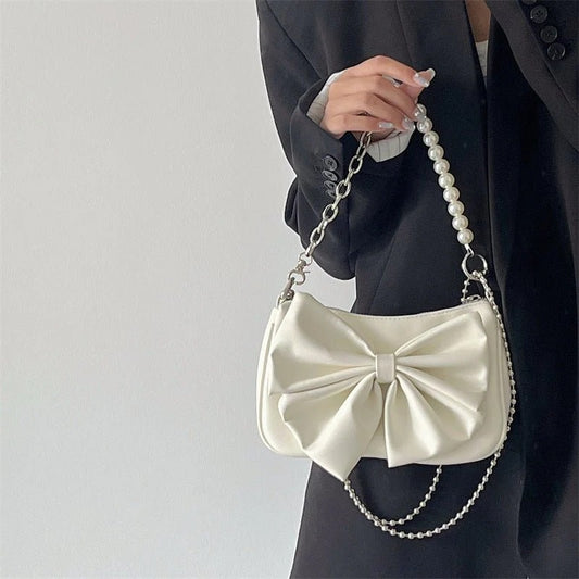 Black White PU Bow Handbags Autumn Winter Ladies Underarm
