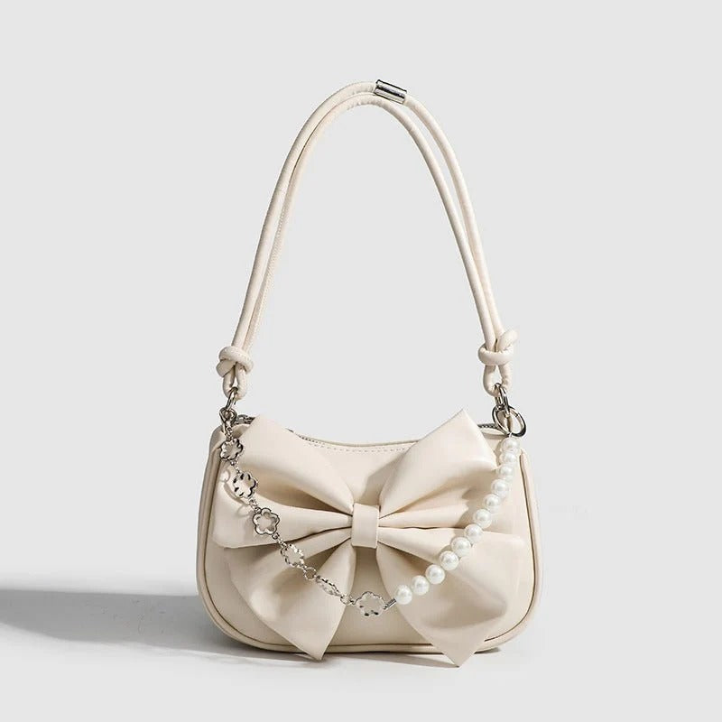 Black White PU Bow Handbags Autumn Winter Ladies Underarm
