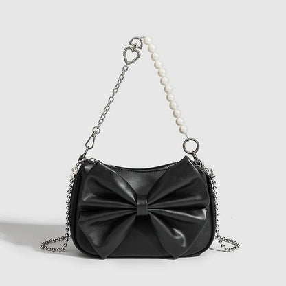 Black White PU Bow Handbags Autumn Winter Ladies Underarm