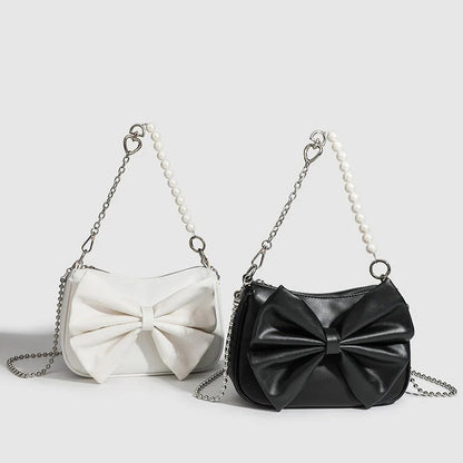 Black White PU Bow Handbags Autumn Winter Ladies Underarm