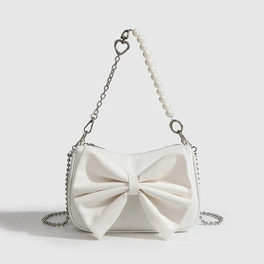 Black White PU Bow Handbags Autumn Winter Ladies Underarm